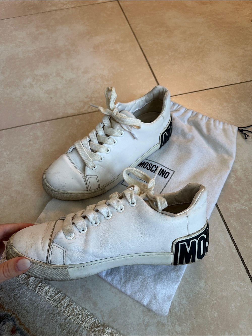Moschino White Leather Low-Top Sneakers